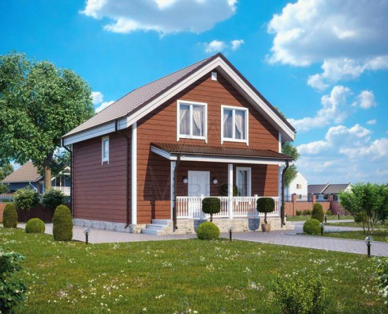 Пример деревянного дома с отделкой под брус. Передняя часть